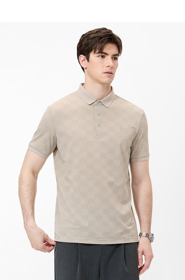 DANCING WOLVES [Elastic Breathable] Summer Quick-Dry Checkered Short-Sleeve Men's Polo Shirt, 705 Apricot Color, Size L (175) 13