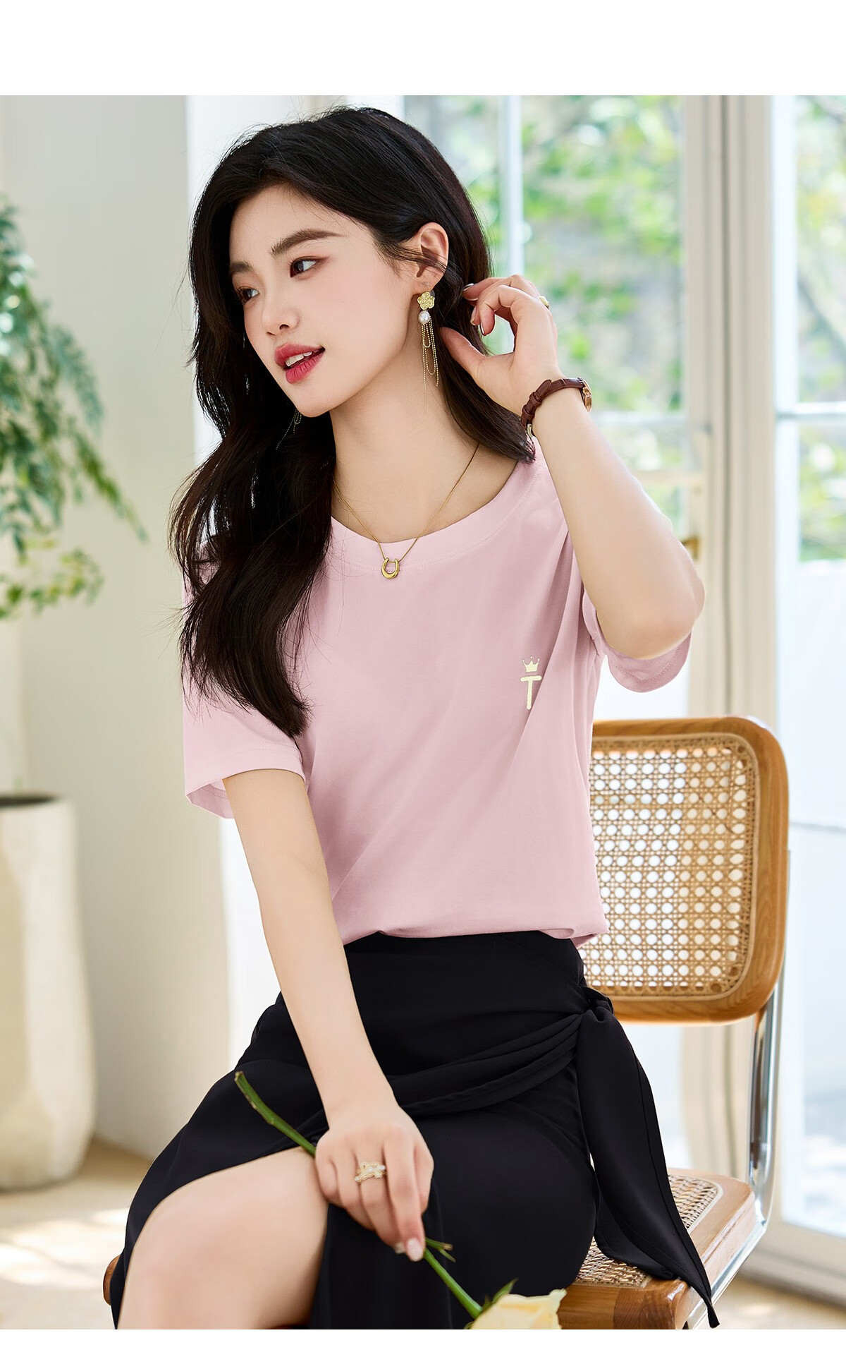Taxiang Women's Short-Sleeve T-Shirt, Round Neck, Casual Versatile Embroidered Top, Ladies' T-Shirt, Simple Short-Sleeve Undershirt T143T1390 17