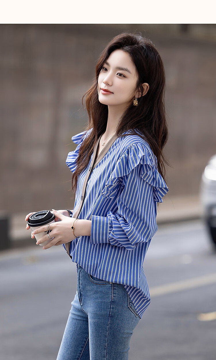 Dme [Straight to the Sky], Autumn Design V-Neck Striped Cotton Shirt, Patchwork Flutter Sleeves, Loose Blouse, Women's Top 12