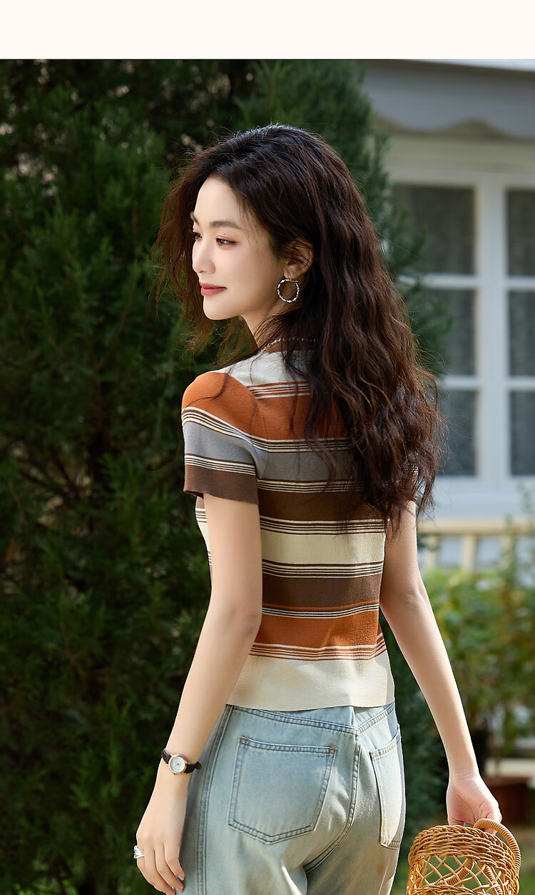 Dme [Meilad Color Series] Summer Vintage U-Neck Ice Silk Sweater, Contrasting Color Slightly Elastic, Inclusive Knit Top for Wome 12