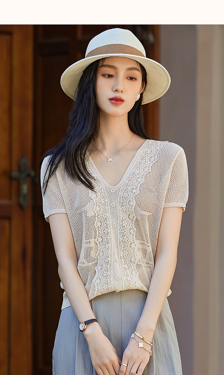 Dme [Cool And Elegant Outfit] Summer French V-Neck Lace Trim Sweater Jacquard Comfortable Knit Top for Wome 14