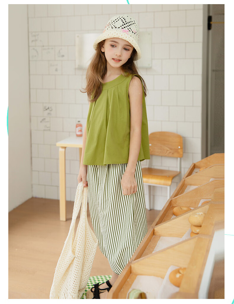 Fulomi Girls' Summer Set Korean Style Sleeveless Top and Versatile Striped Casual Pants Two-Piece Set Caramel Color Size 130 4