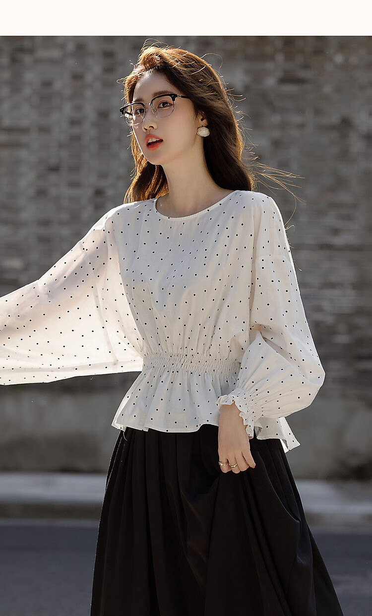 Dme [Will Breathe Cotton] Spring And Autumn French-Style Relaxed Round Neck Smock Waist-Cinching Drop Shoulder Slimming Shirt Women's Top 20