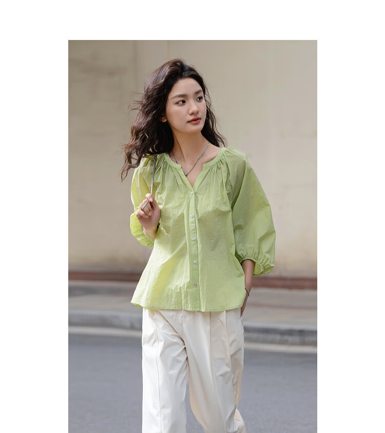 Dme [Bian Dao Qing Shi] Spring Literary Style Simple V-Neck Mid-Sleeve Shirt, Lightweight Breathable Blouse, Women's Top 6