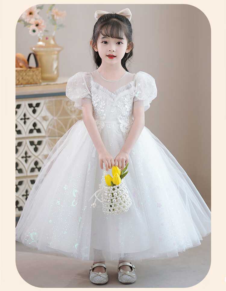 LUOBOBEIBEI Girls' Princess Dress, Summer 2025 Performance Costume, Children's White Dress, Tulle Puffy Skirt, White, Size 130 4