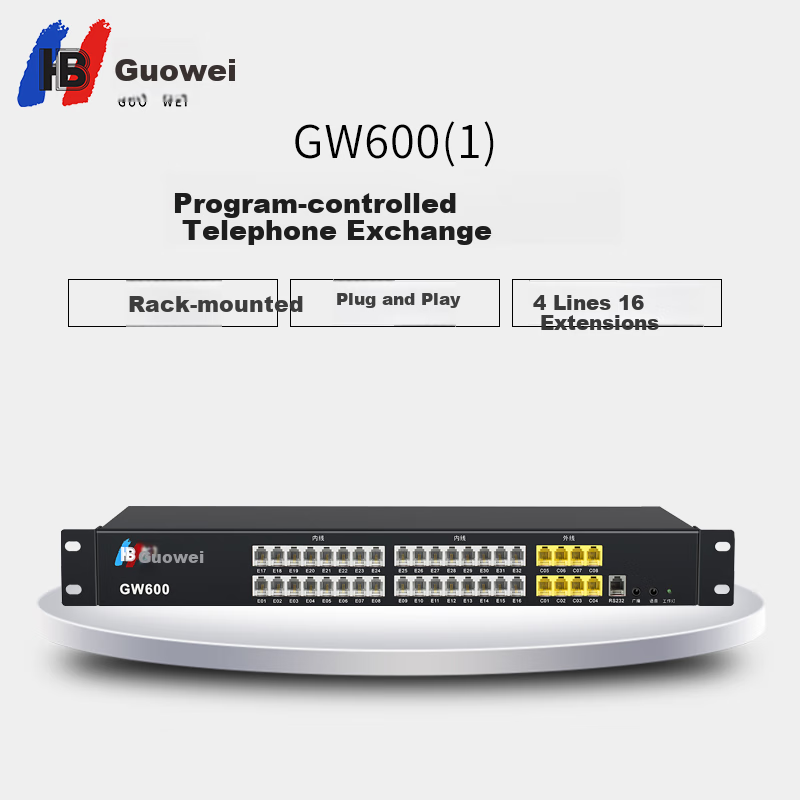 Guowei (HB) GW600(1) Telephone Exchange, 4-In 16-Out Programmable Switchboard, 4 External Lines 16 Extensions, Guowei Telephone Exchange, Plug And Play