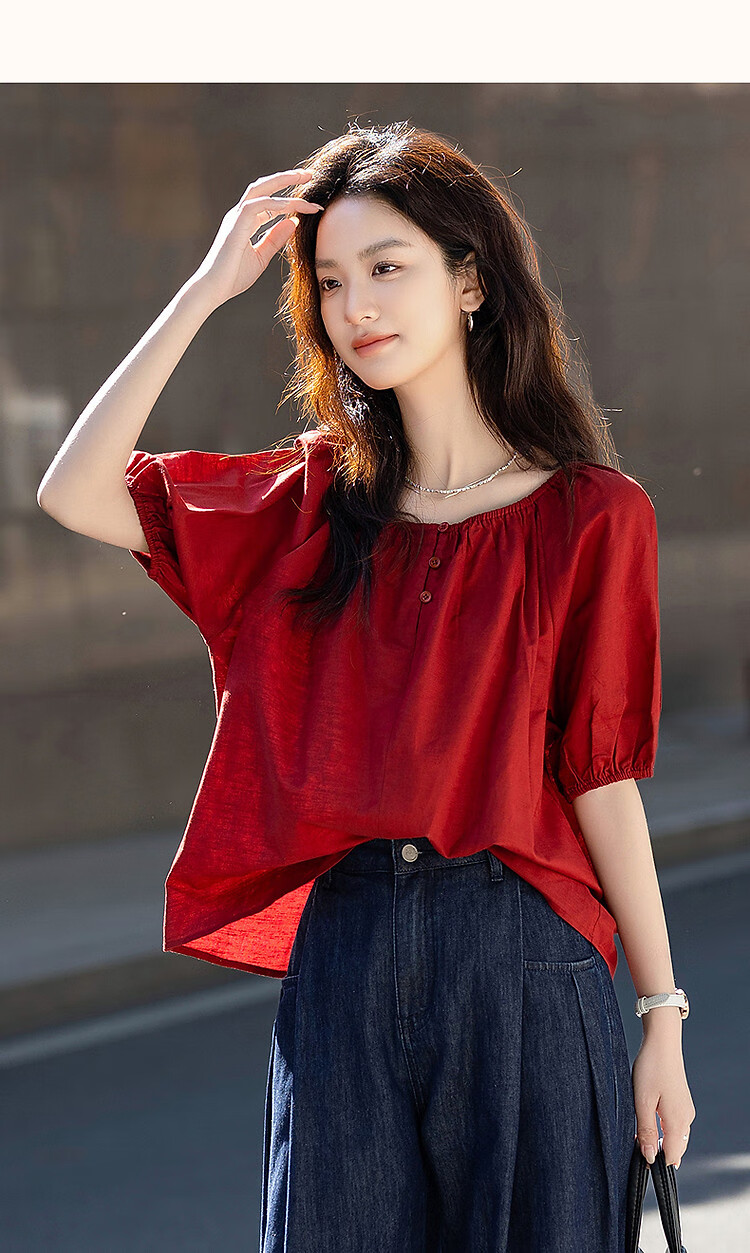 Dme [Elastic One-Shoulder Round Neck Two-Way Wear] Summer Lightweight Linen Cotton Blend Blouse Elegant Shirt Women's Top 19