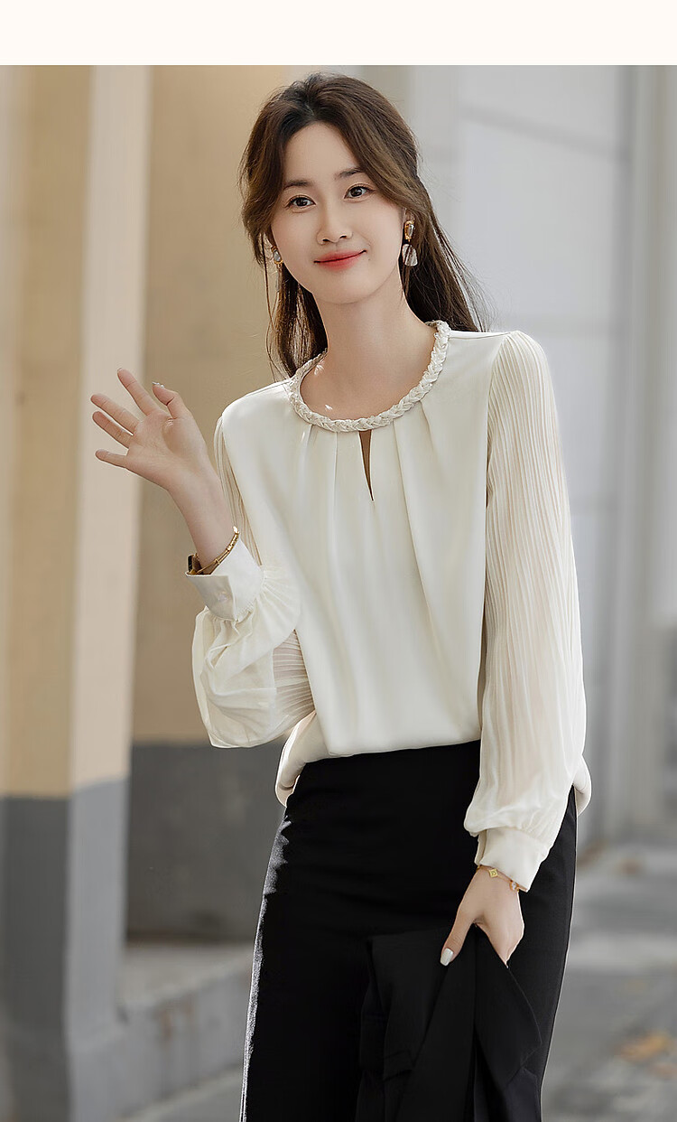 Dme [Selected Satin with Luster Yarn] Spring And Autumn Color-Block Round Neck Knit Strap Blouse, Pleated Patchwork Shirt, Women's Top 10