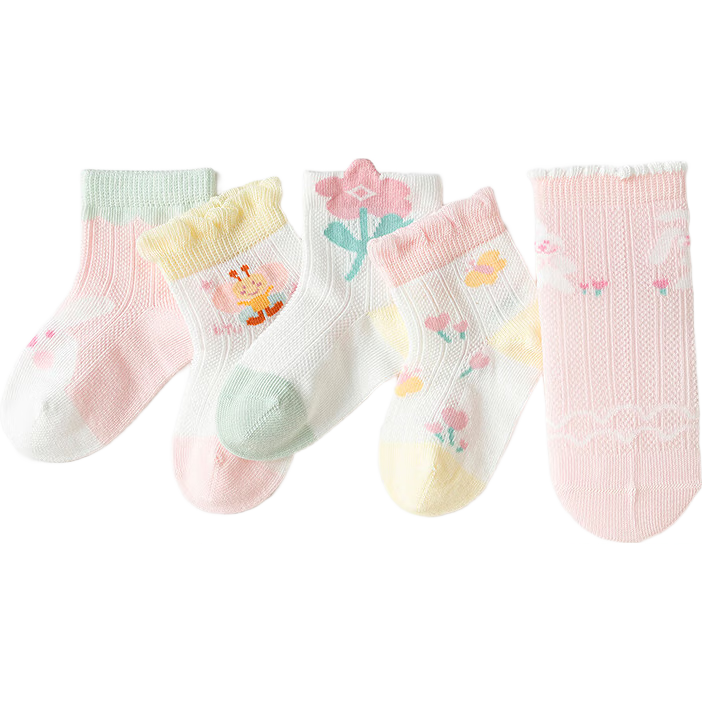 BALABALA Children's Socks, Baby Summer Mesh Thin Socks, Breathable Infant Short Socks, Cold-Proof Jacquard Design, 5 Pairs Pack, Class A Quality