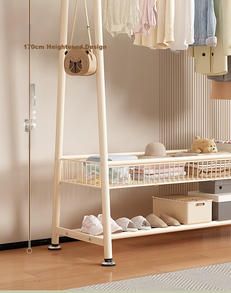 BIX Floor-Standing Clothes Rack for Bedroom, Home Drying Rack, Simple Coat And Hat Stand, Indoor Balcony Floor Pole with Basket, 1.2m White 7