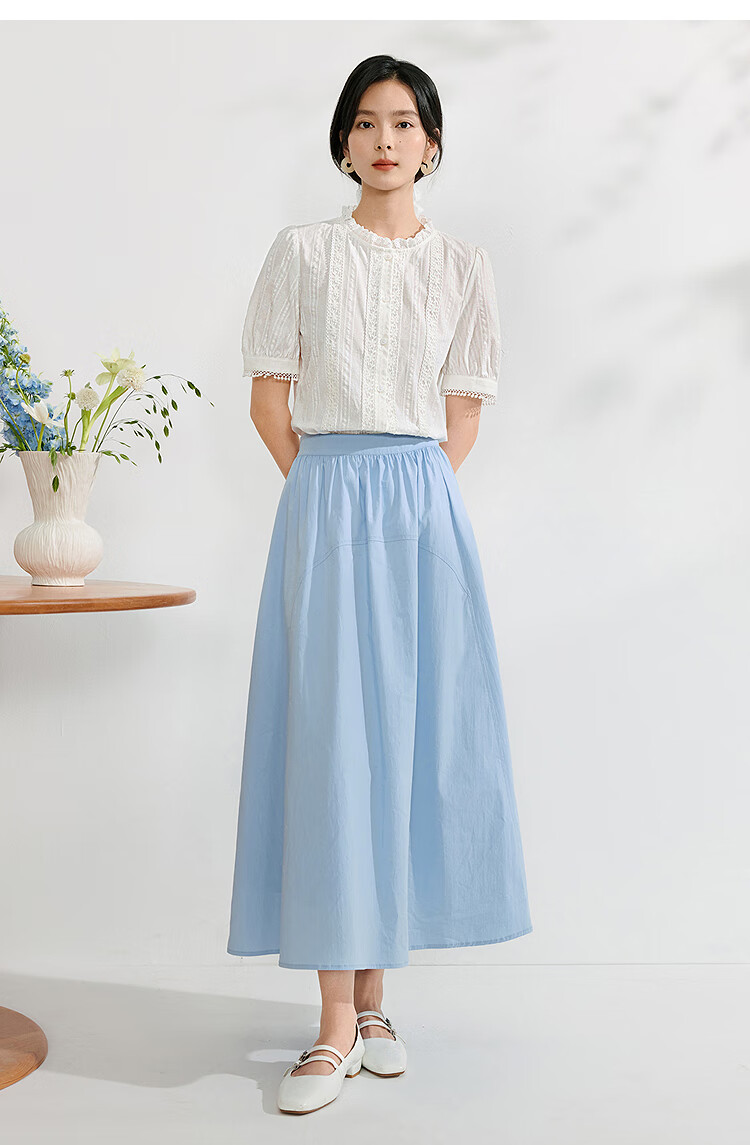 Inman Lotus Leaf Collar Hollow Embroidered Pure Cotton Shirt 2025 Summer Women's Vacation Style Puff Sleeve Blouse Pearl White M 36