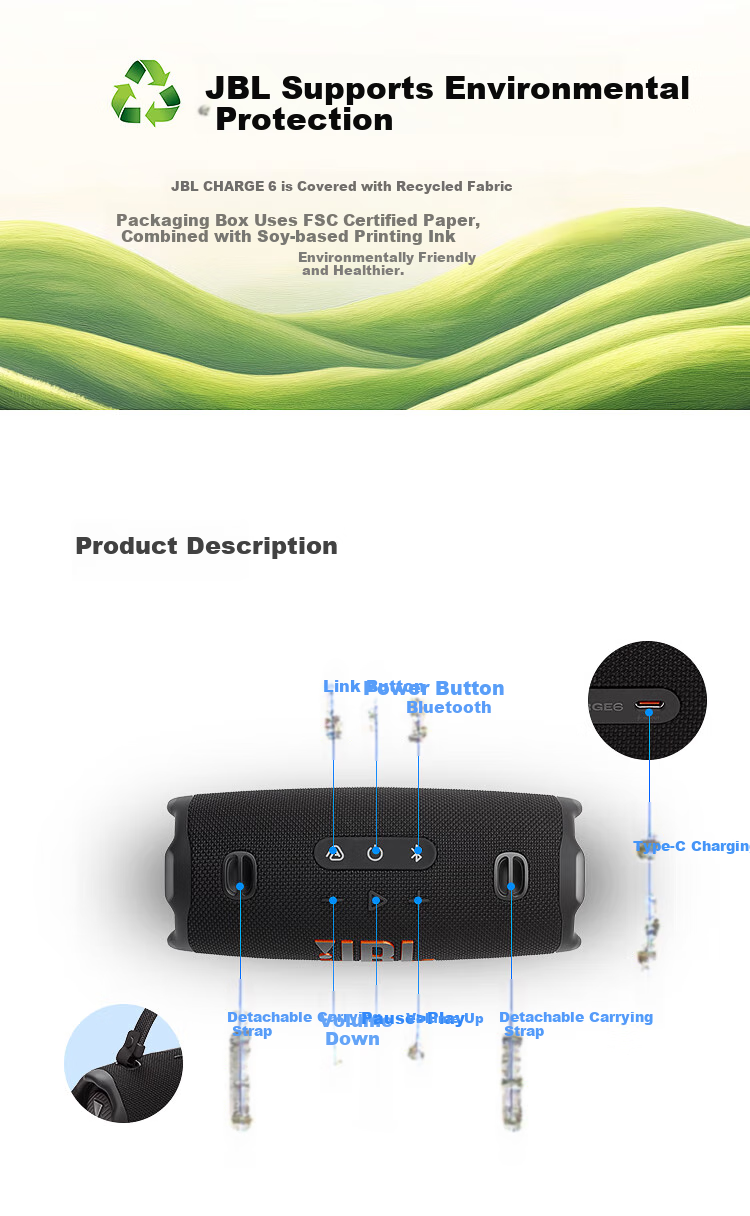 JBL CHARGE6 Music Impact Wave Sixth Generation, Portable Bluetooth Speaker, Outdoor Dustproof And Waterproof Sound System, Independent Tweeter, Birthday Gift, Navy Blue 9
