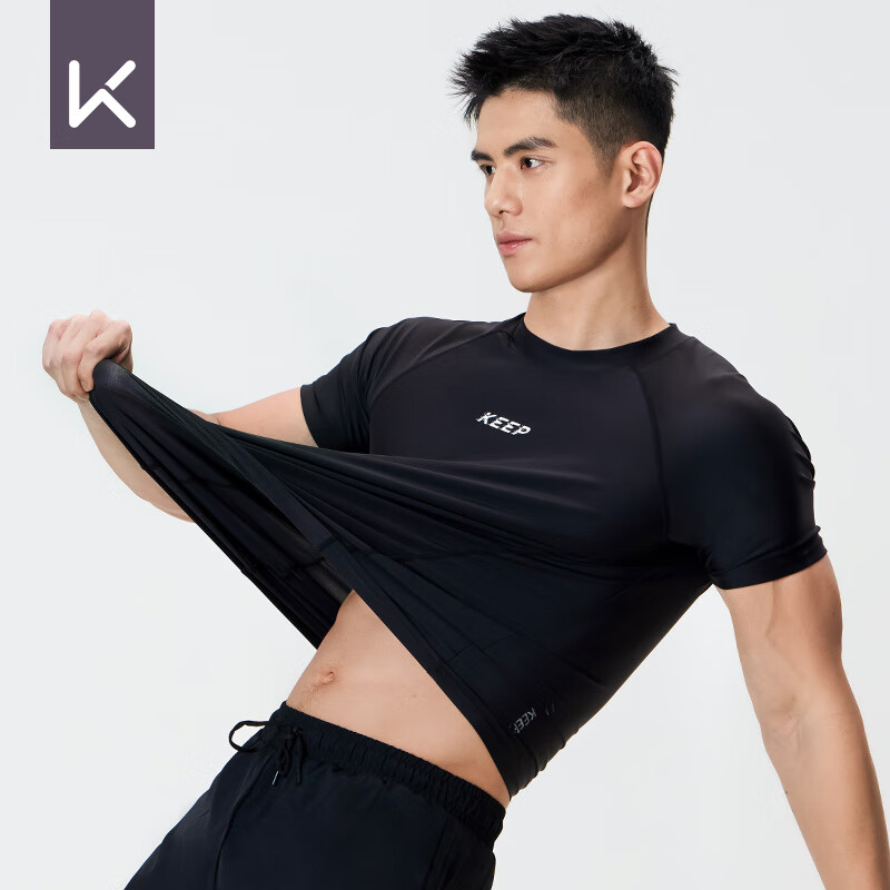 Keep Men's Swimwear, Hot Spring Short-Sleeve Solid Color High-Elastic Swimsuit, Quick-Dry Surfing Suit, 1291 Black, 3XL