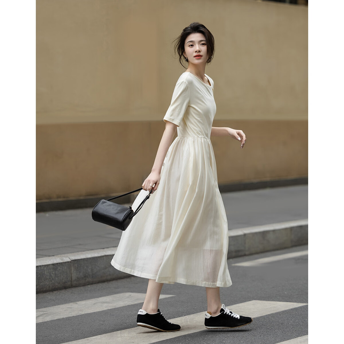 Dme [Fresh And Smart] Spring Urban Minimalist Style Irregular Design Patchwork Waist-Cinching Short-Sleeve Women's Dress