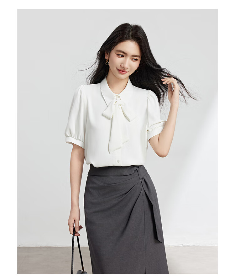 Bodexiaojie White Bow-Tie Blouse for Women, Stylish Tie-Up Short-Sleeve Top, Elegant Office Wear for White-Collar Professionals, XL 9