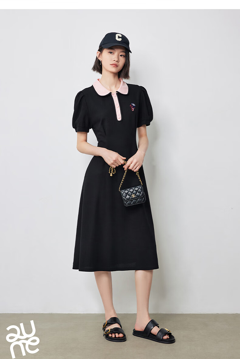 Chuyu Polo Collar Dress with Waist-Cinching Slimming Effect for Women, New Summer 2025 A-Line Short-Sleeve T-Shirt Midi Skirt, Gray, Size S 20