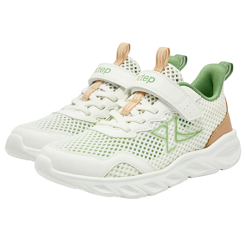 XTEP Children's Shoes, Boys' Mesh Spliced Velcro Running Sneakers, Sail White/Tingwu Green, Size 38