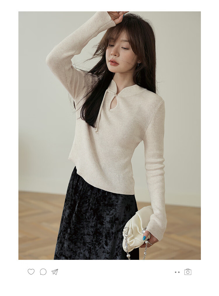 MT Gentle New Chinese Style Autumn Fashion Elegant Solid Color Stand Collar Long Sleeve Knit Sweater 2