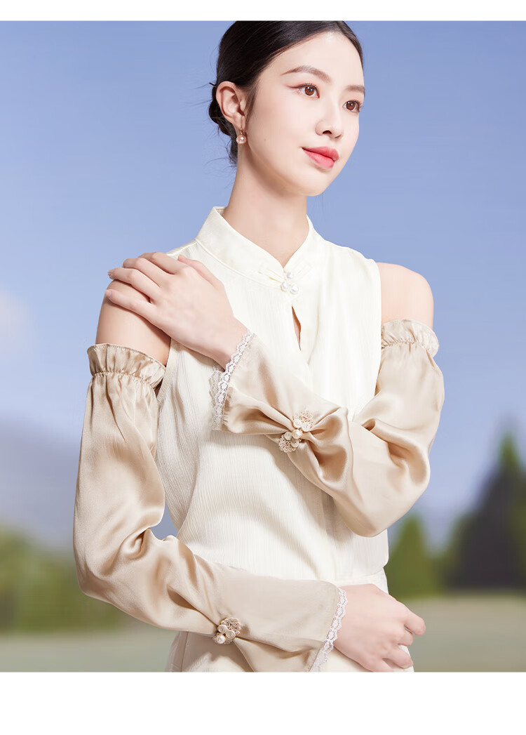 Shanghai Story Women's 100% Mulberry Silk Sun Protection Sleeves Spring Summer Chinese Style Lace Ice Sleeves UV Protection Champagne Gold 8