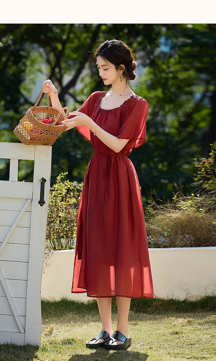 Demana Vintage Small Rose Summer Lightweight Glossy Lyocell Square Neck Ruffle Sleeve Belted A-Line Women's Dress 8