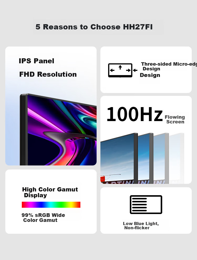 HPC 27-Inch FHD IPS High-Definition Computer Monitor, 100Hz Refresh Rate, 99% SRGB Wide Color Gamut, Wall-Mountable, Ultra-Thin Bezel, Home And Office Computer Display HH27FI 2