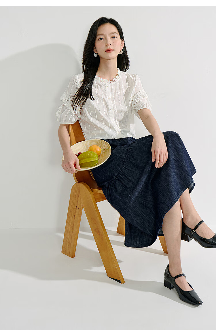 Inman Lotus Leaf Collar Hollow Embroidered Pure Cotton Shirt 2025 Summer Women's Vacation Style Puff Sleeve Blouse Pearl White M 16