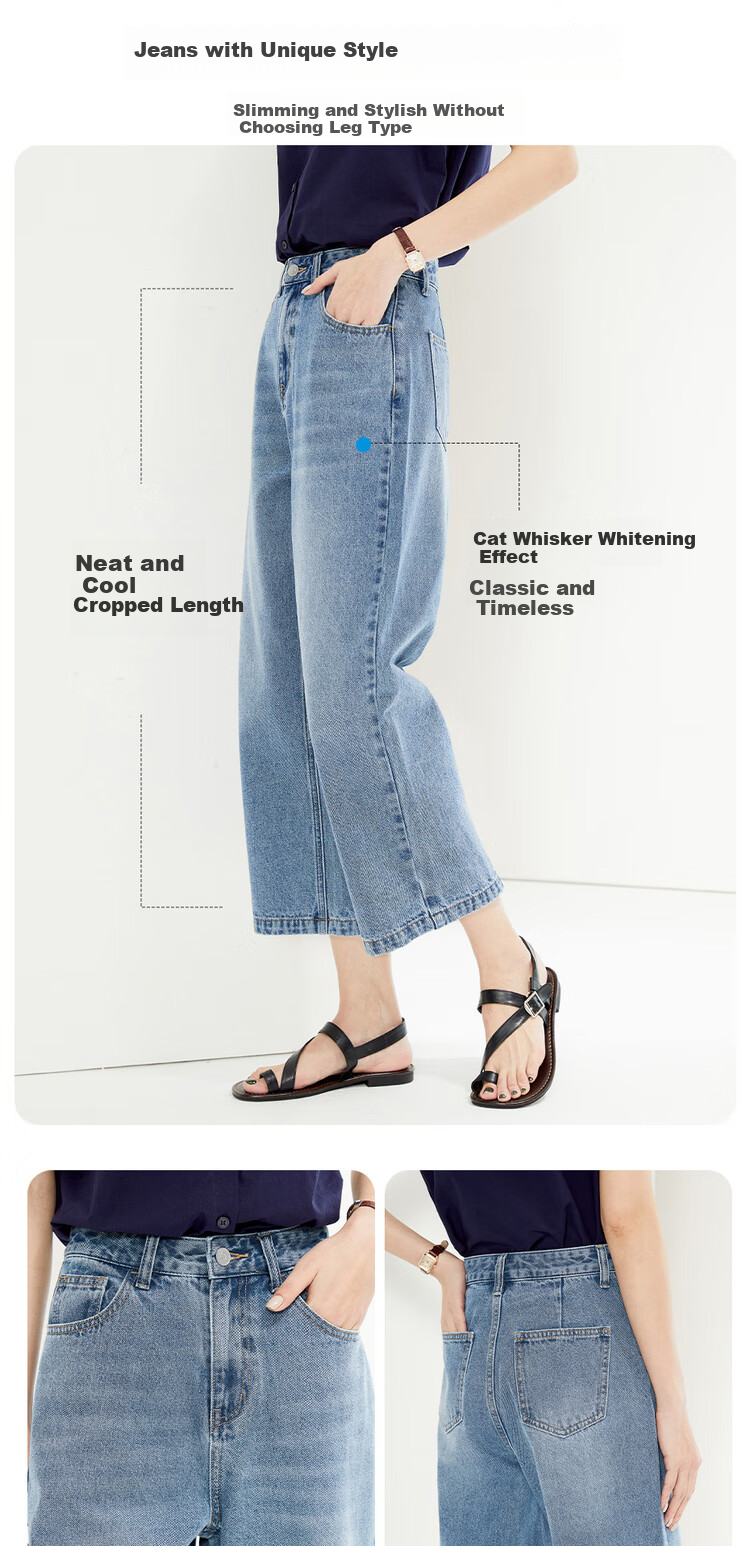 Giordano Women's Jeans, Pure Cotton, Cat Whisker Bleached Effect, Mid-Rise Straight-Leg Jeans, Women's Cropped Pants, 13425301 4