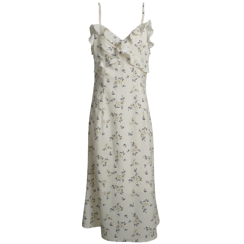 Olrain European Style Southern France Vacation Floral Chiffon Spaghetti Strap Dress with Ruffle Waist Cinch Long Dress Apricot Blossom Color L