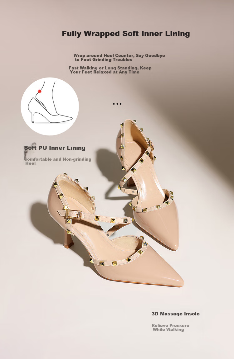 ZHR Rivet High Heels for Women, Elegant Pointed Toe, Socialite Style, Thin Heel Pumps, Sexy Closed-Toe Sandals for Women, IE02, Nude Pink, Size 34 4
