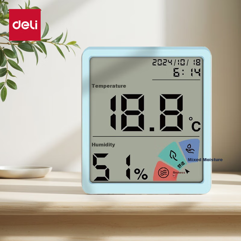 Термогигрометр Deli LE511, электронный, для дома и офиса, с дисплеем времени и календаря