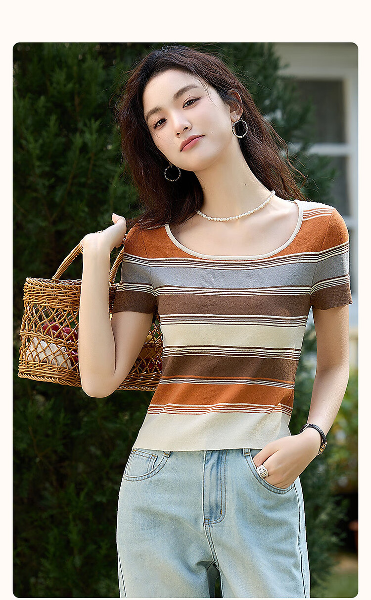 Dme [Meilad Color Series] Summer Vintage U-Neck Ice Silk Sweater, Contrasting Color Slightly Elastic, Inclusive Knit Top for Wome 2