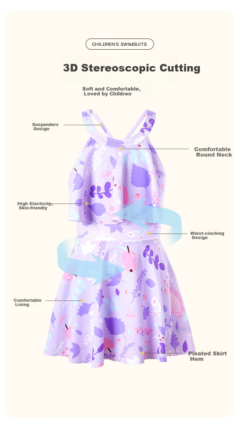Huili Children's Swimsuit, One-Piece Dress for Girls, Swimming Costume for Older Kids And Middle School Students, Four-Piece Set, 34064 Purple, 3XL 1