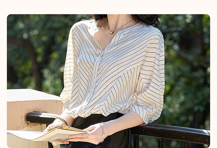 Dme [Unwearable Stripes], Summer Elegant V-Neck Patchwork Shirt, Connected Sleeves, Loose Comfortable Blouse, Women's Top 3
