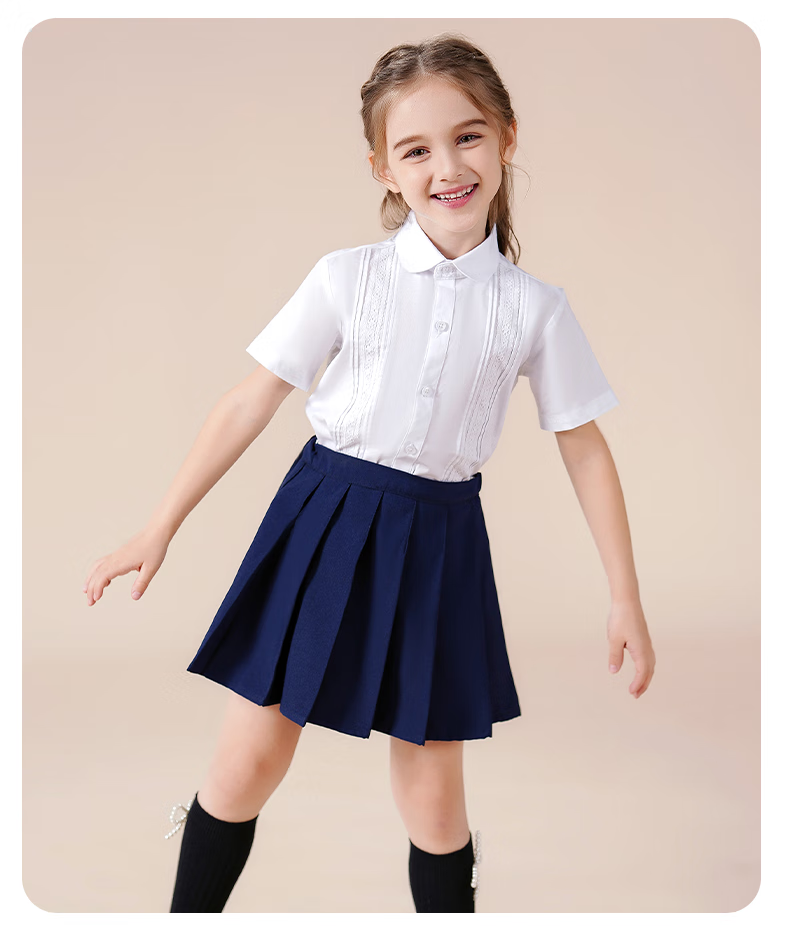 Luomeng Girls' Short-Sleeve Lace Trim White Shirt, School Uniform, Student Performance Costume, Children's Half-Sleeve Blouse, White, Size 170 12