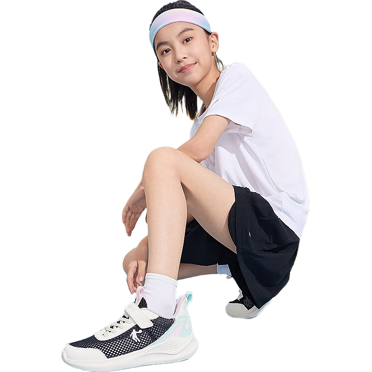 QIAODAN Girls' Running Shoes for Older Children, Summer Large Mesh Sports Shoes, Breathable Kids' Sneakers, New Star Blue/Ivory Color, Size 39