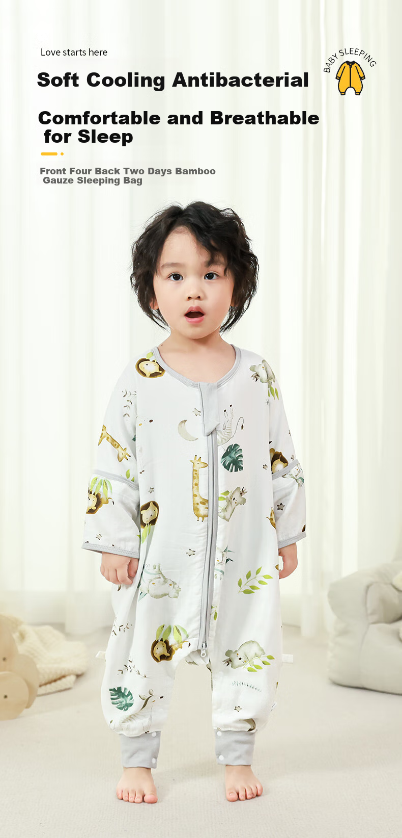 Tongyan Baby Sleeping Bag, Front 4 Back 2 Bamboo Cotton Gauze Split-Leg Pajamas, Children's Spring And Summer Anti-Kick Blanket, Mountain Camphor, Size 110 2