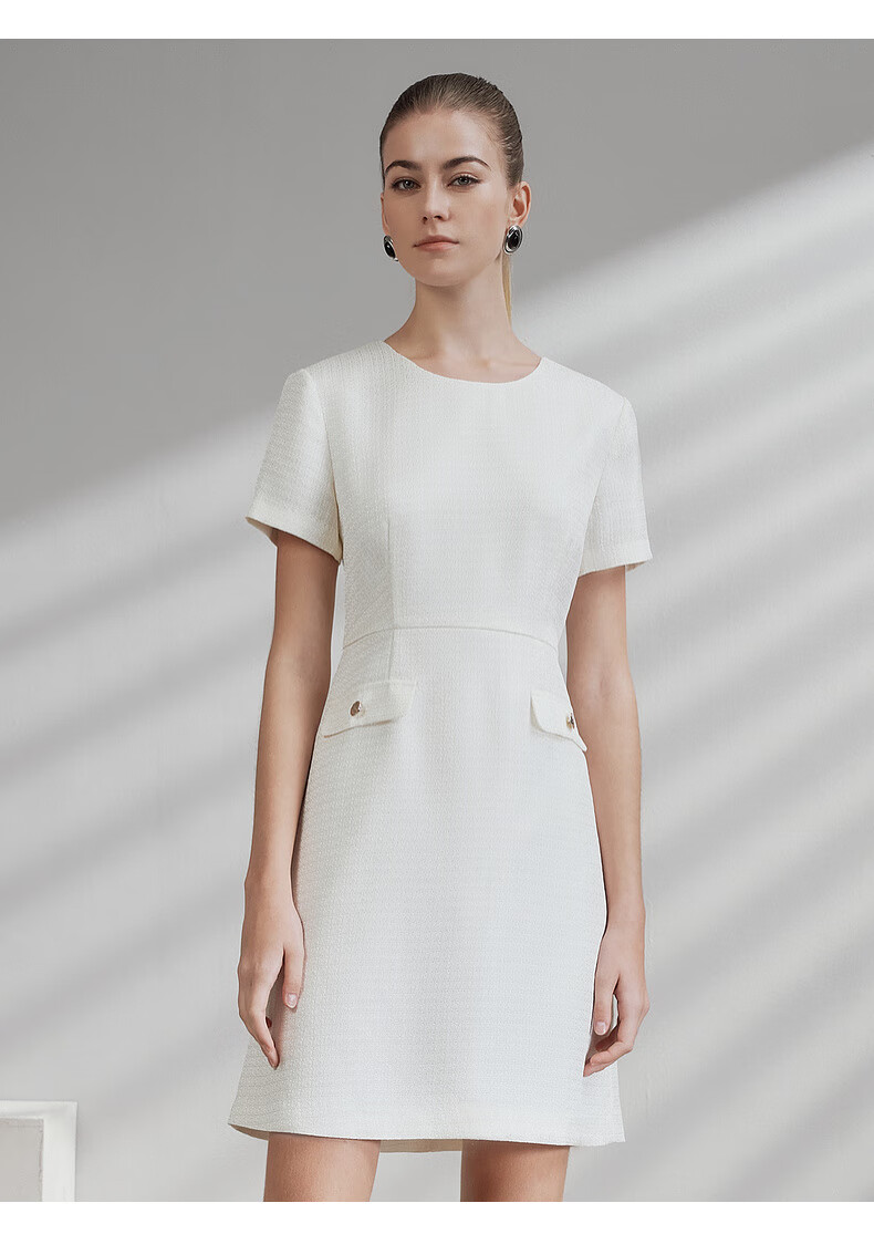 G2000 Coarse Floral Print/Mall-Matching Women's Clothing, Spring And Summer Elegant Chanel-Style Short-Sleeve Dress, Starlight White, L/38 12