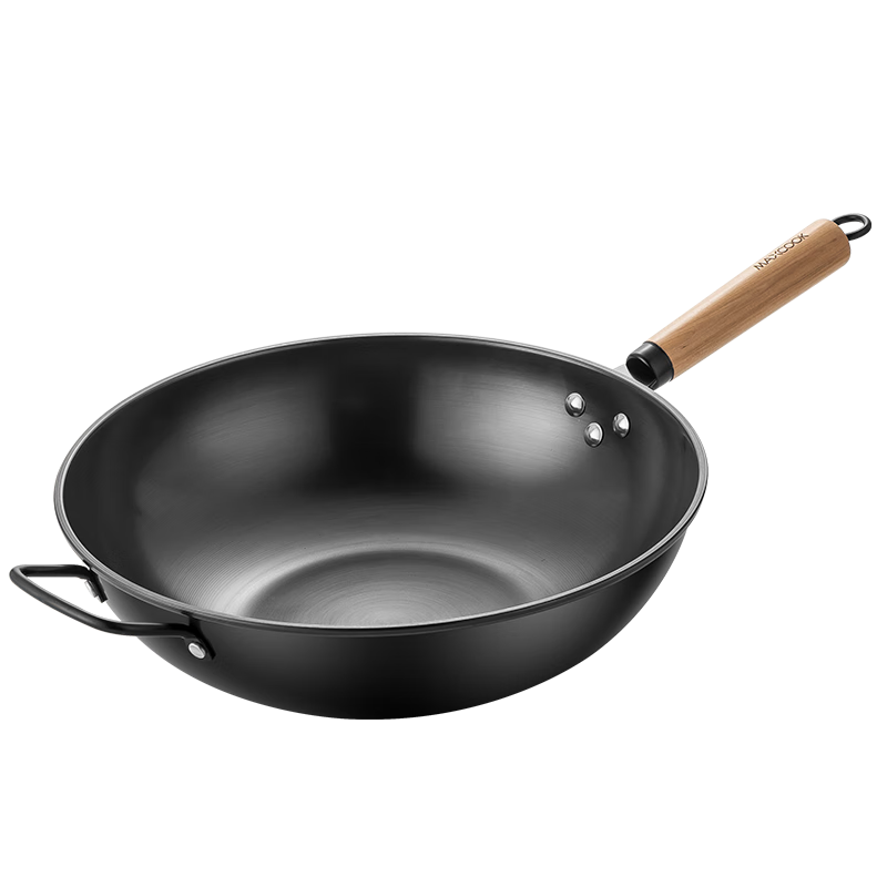 MAXCOOK Wok Iron Pan 32cm Non-Coated Pure Iron Stir-Fry Pan Nitrided Compatible with Gas And Induction Cooktops MCC5479
