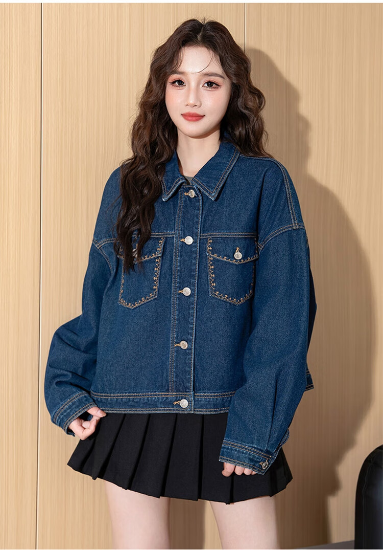 TonLion 2025 Spring Women's Lapel Pocket Detail Denim Jacket, Dark Denim Blue, M 5