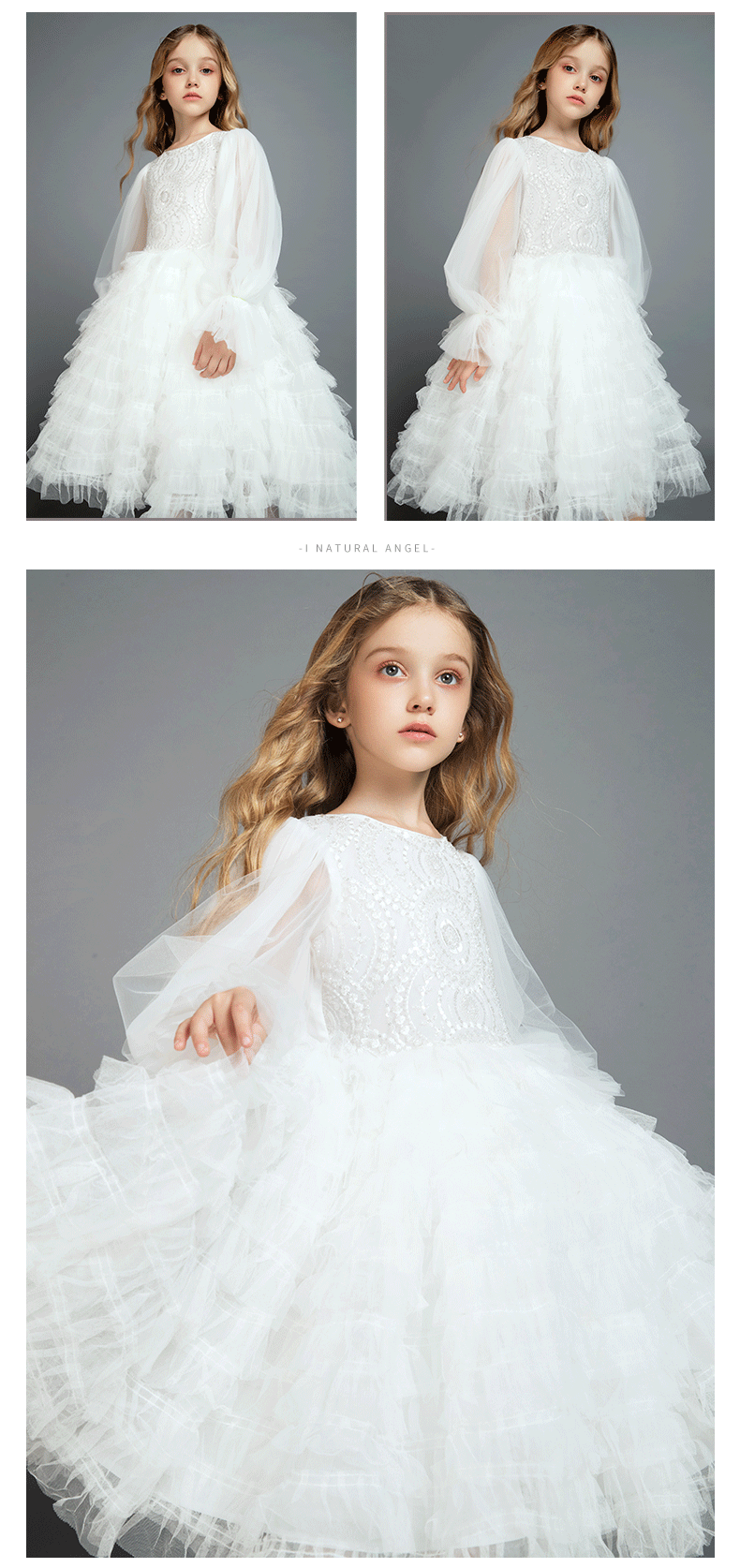 I natural Angel High-End Runway Wedding Flower Girl Dress White Princess Children's Evening Dress Stylish Gift Spring 15