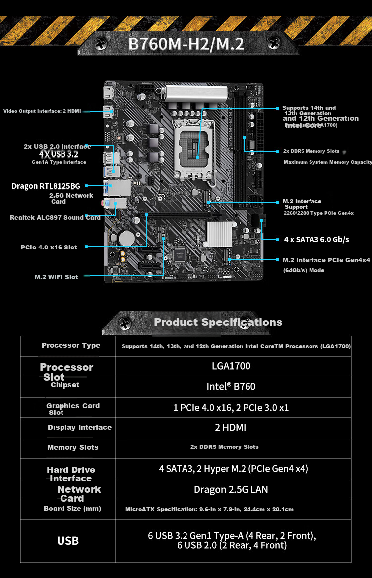 ASRock B760M-H2/M.2 D5 Motherboard, Supports CPU 12600KF/14490F/14400F (Intel B760/LGA 1700) 1