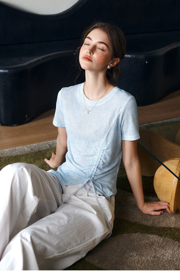 Olrain Oureier Solid Color Irregular Ruched Simple T-Shirt Summer New Waist Ruched Design Top Blue S 15