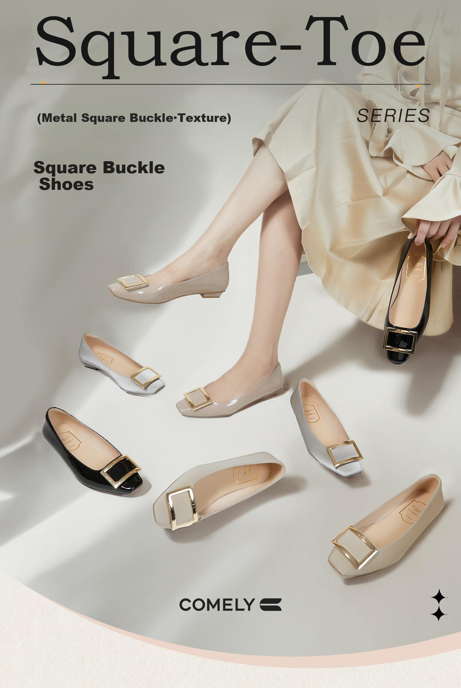 COMELY Square Buckle Low-Cut Flats for Women, Spring And Summer New Style Genuine Leather Versatile Flat Shoes to Match Dresses, Pink Apricot Color, Size 39 1