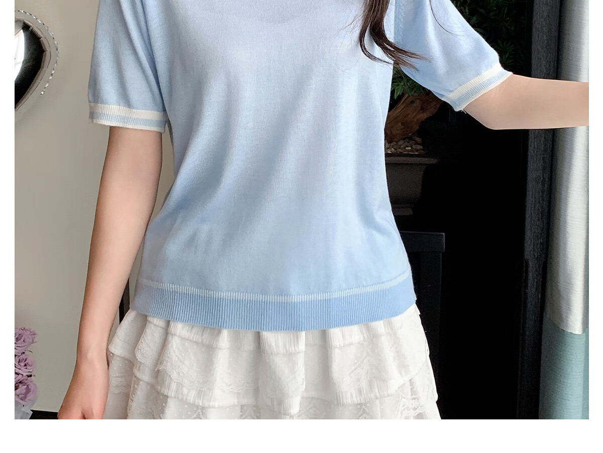 Halo Queen Knitted Short-Sleeve T-Shirt for Women, Round Neck, Contrasting Colors, Fashionable Slimming Top, Contains Wool And Silk, Comfortable Fabric, H52T032 39