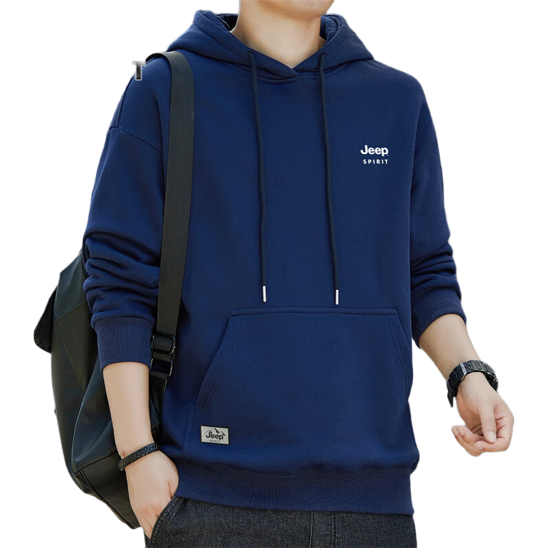 JEEP SPIRIT Men's Hooded Sweatshirt, Casual Loose Long-Sleeve T-Shirt for Spring, Base Layer for Men, Deep Blue, 2XL