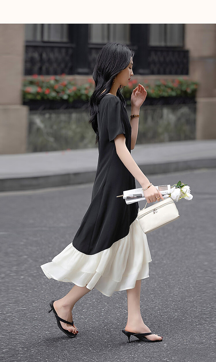 Dme [80D Random Mesh] Elegant Spliced Waist-Cinching Fish Tail Umbrella Skirt Short-Sleeve Contrasting Color Concealing Women's Dress 9
