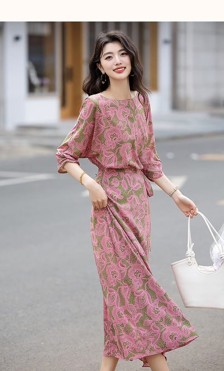 Dme One-Piece Waist-Tie Summer Off-Shoulder Tea Dress Flowing Composite Silk Floral Slimming Women's Dress 10