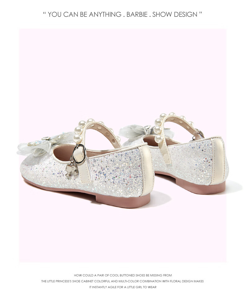 Barbie Girls' Spring And Autumn Princess Leather Shoes with Pearl Bow And Sequins DA6725 Silver 29 10