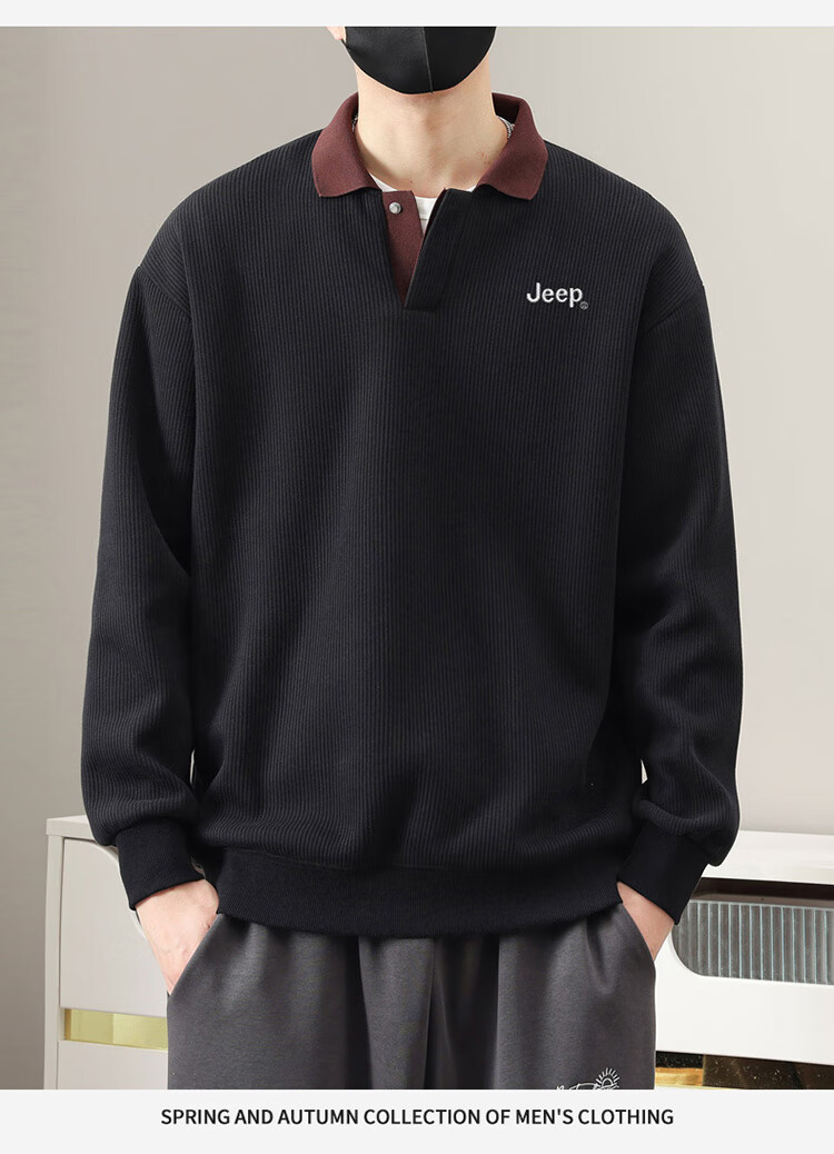 JEEP Men's Sweatshirt, Spring And Autumn Heavyweight Polo Collar Long Sleeve Casual Top, Black, 3XL 10