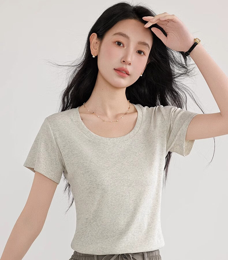 Woodpecker Solid Color Short Sleeve Women's T-Shirt 2025 Summer New Round Neck Regular Shoulder Fashion Casual Versatile Top Black M 24